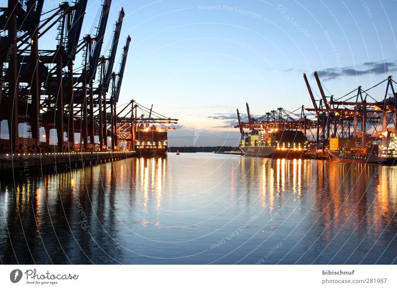 Burchardkai in the evening Architecture Landscape Water Sky Clouds Lakeside River bank Bay Hamburg Town Port City Emotions Colour photo Exterior shot Twilight