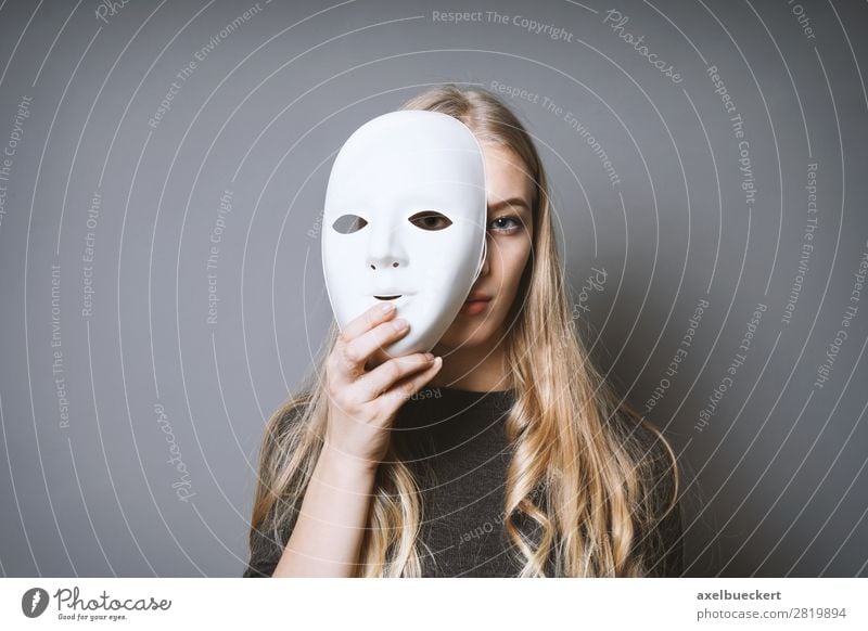 young woman behind mask Human being Feminine Young woman Youth (Young adults) Woman Adults 1 13 - 18 years 18 - 30 years Art Artist Stage play Actor Culture