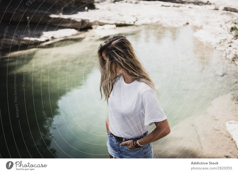 Woman standing at lake Lake pretty Stand Coast hands in pockets Nature Girl Youth (Young adults) Beautiful Attractive Water Beauty Photography Human being