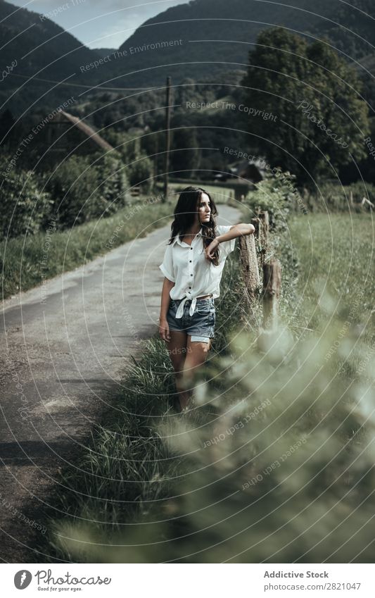 Pretty woman at rural fence Woman Fence Rural Wood Nature Landscape Summer Green Beautiful Countries Cute Human being Youth (Young adults) Village Girl