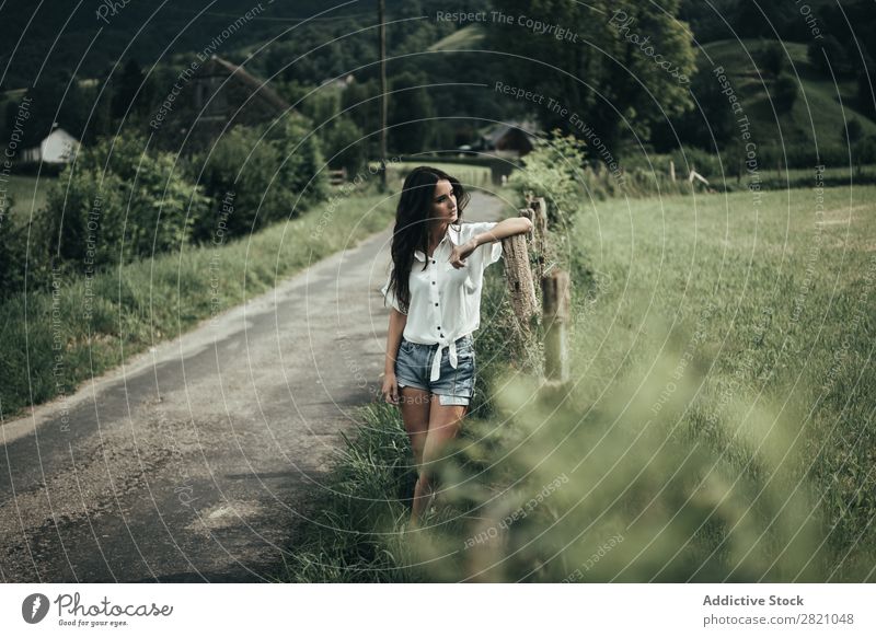 Pretty woman at rural fence Woman Fence Rural Wood Nature Landscape Summer Green Beautiful Countries Cute Human being Youth (Young adults) Village Girl