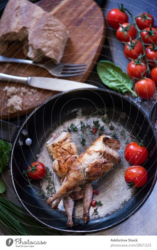 Poultry served on frying pan Tasty Dish Pan Frying Tomato Dinner Roasted Meal Meat Cooking Gourmet Food Fresh Lunch Delicious Vegetable To feed Tradition Rustic