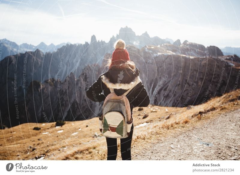 Woman enjoying view of mountains Mountain Vantage point Vacation & Travel Freedom Youth (Young adults) Peak Backpack Hiking Nature Landscape Adventure Sky