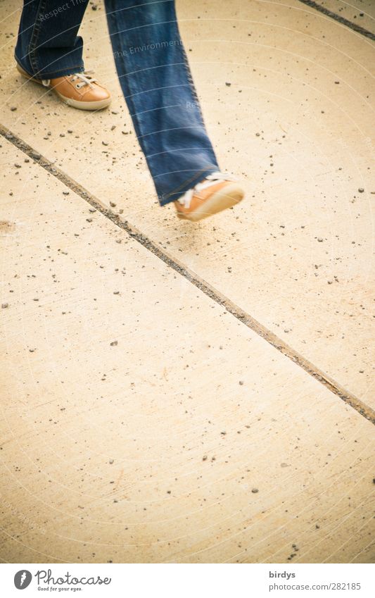mainstream Legs 1 Human being Lanes & trails Footpath Jeans Footwear Going Authentic Original Blue Yellow Prompt Movement Target Direction Line Single-minded