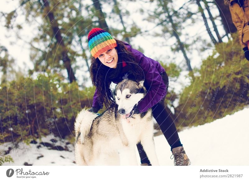 Laughing woman playing with dog in snows Woman Dog Boxing Snow having fun Together Pet Mammal White Nature Cheerful Joy Contentment struggle Bite Husky