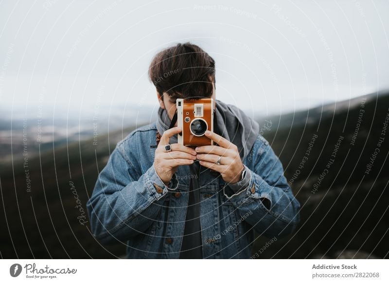 Photographer aiming with vintage camera Camera Nature Vintage Brown Man Photography Lens Lifestyle Vacation & Travel Aim focusing Illustration Professional