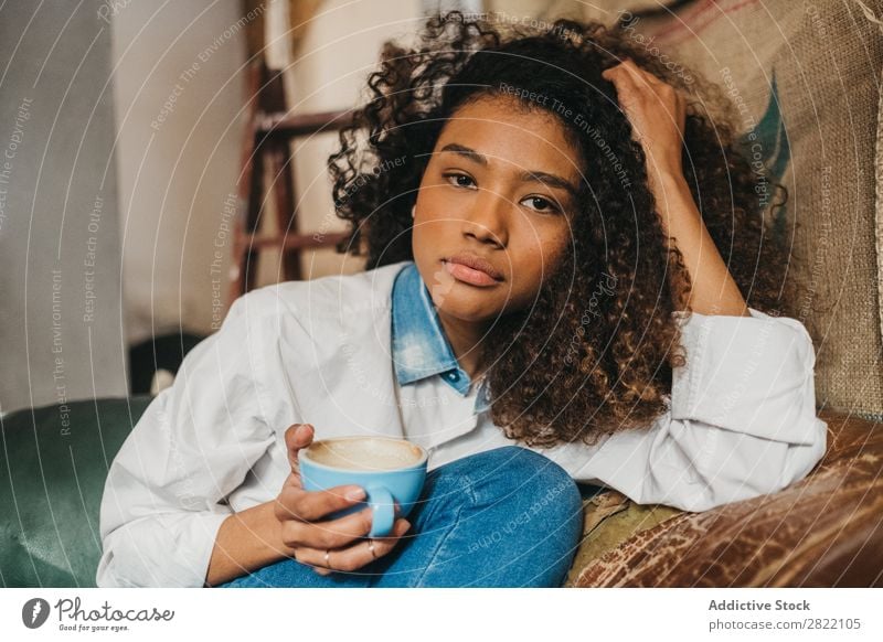 Woman drinking cup of coffee Beautiful Ethnic Black Youth (Young adults) African Stir Coffee Cup latte Brunette Attractive Human being Beauty Photography Adults