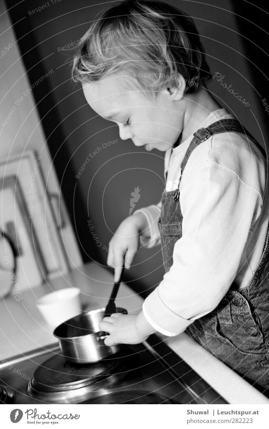 cooking photo Child Boy (child) Infancy 1 Human being 3 - 8 years pedagogy Cooking Playing Parenting Study Black & white photo Interior shot