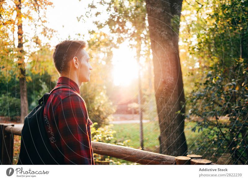 Young man standing on bridge Man Park Considerate Pensive Corridor Nature Human being Lifestyle Grass Leisure and hobbies Easygoing Youth (Young adults)