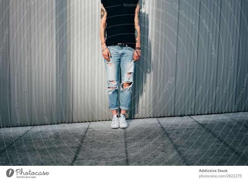 Crop stylish woman at metal wall Woman Style Tattoo Street Beautiful Youth (Young adults) Fashion Hipster pretty Cool (slang) Beauty Photography Attractive