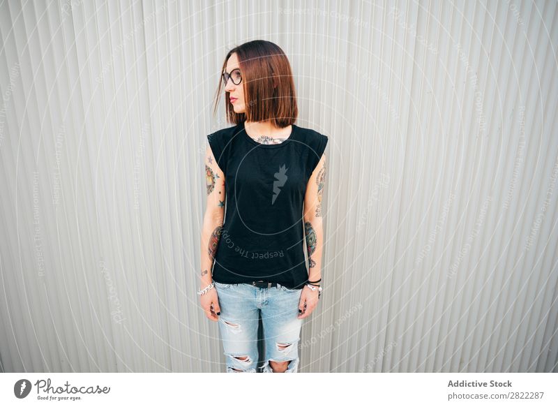 Pretty Stylish Young Hipster Woman In A Trendy Black Tshirt In