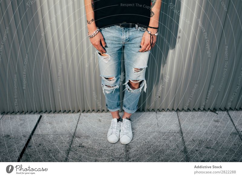 Crop stylish woman at metal wall Woman Style Tattoo Street Beautiful Youth (Young adults) Fashion Hipster pretty Cool (slang) Beauty Photography Attractive