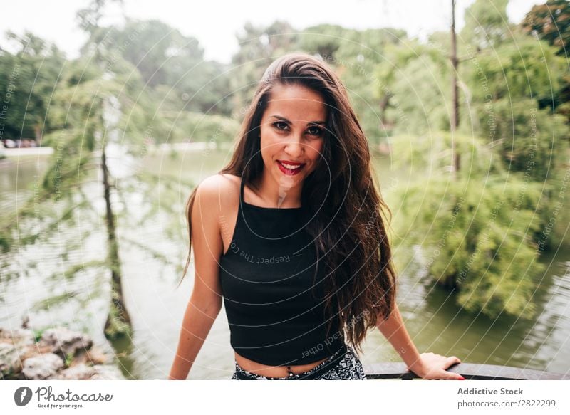 Brunette woman leaning on handrail at river Woman pretty Youth (Young adults) Beautiful Attractive Human being Beauty Photography Adults Style Cute Lifestyle