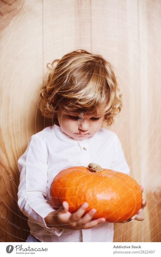Adorable child posing with pumpkin Child Pumpkin Posture Vacation & Travel Hallowe'en Autumn human face Infancy Magic Fantasy decor Interior design Playful