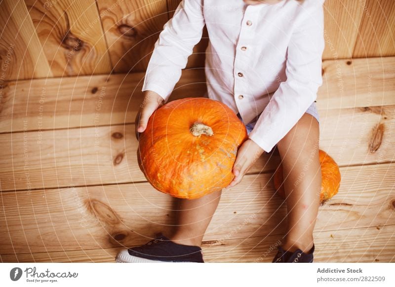 Crop kid posing with pumpkins Child Pumpkin Intellect Fantasy Posture Vacation & Travel Hallowe'en Autumn Infancy Magic Delightful decor Interior design