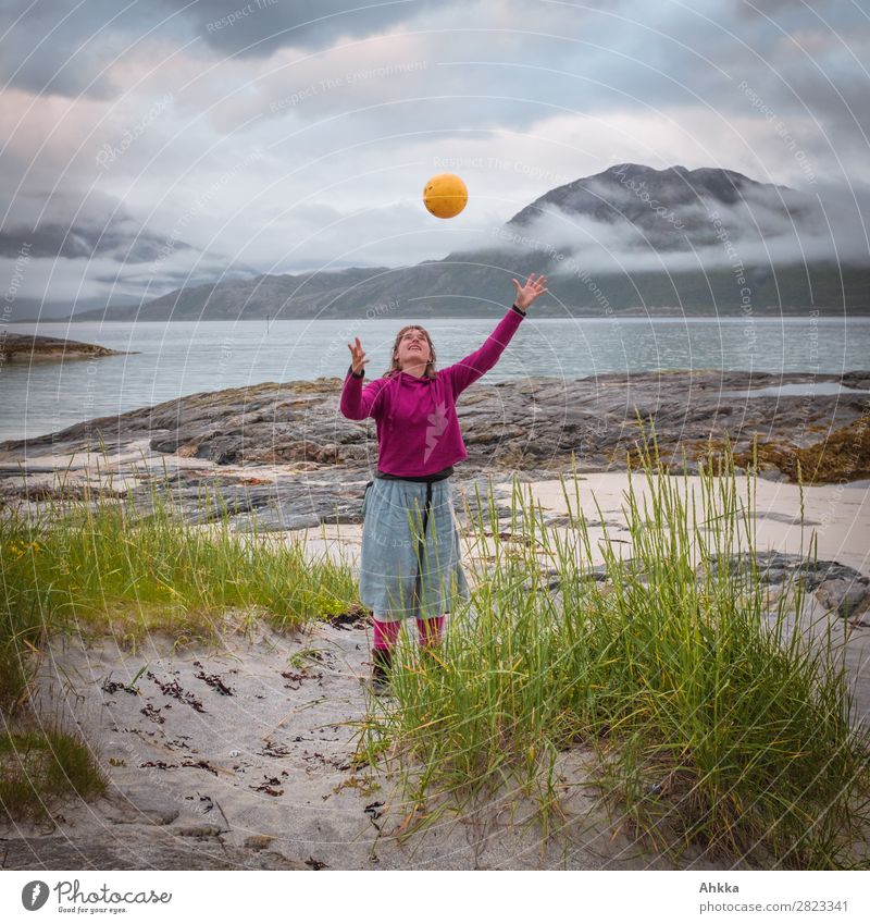 Lightness and joie de vivre in Scandinavia Playing Vacation & Travel Trip Adventure Young woman Youth (Young adults) Nature Clouds Peak Coast Beach Ocean