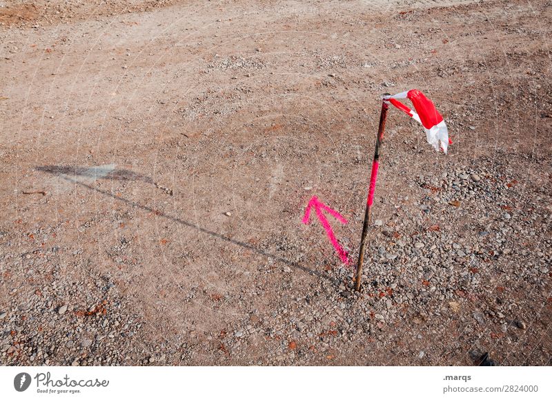 direction Construction site Earth Sign Arrow Barrier Signs and labeling Brown Pink Red White Advice Discover Direction Decide Orientation Planning Colour photo