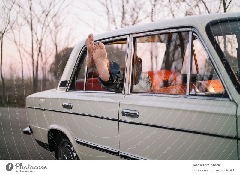 Man sleeping in vintage car Car Vintage Retro Sleep Lie (Untruth) Rest Relaxation Legs Hat White Vehicle Classic Old Adults Vacation & Travel Human being