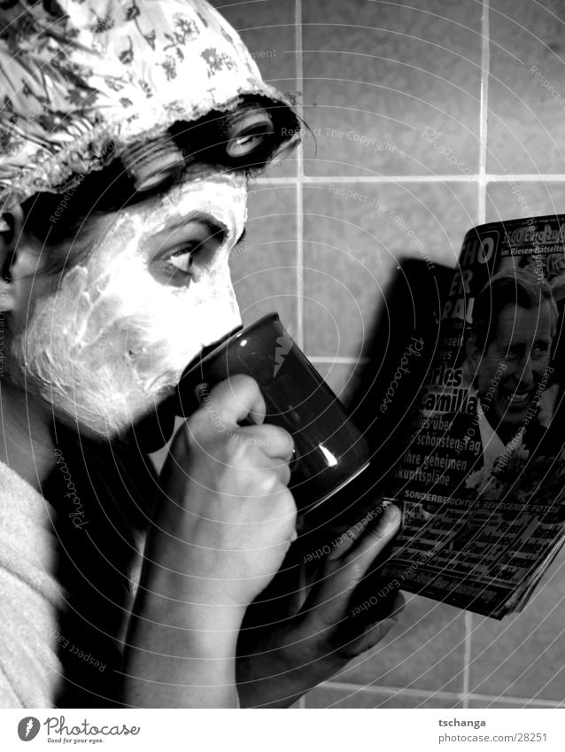 housewife_two Housewife To talk Skimmed milk Hair curlers Bathroom Curiosity Surprise Bathrobe Woman Drinking Coffee charles kamilla Mask Beautiful Shower cap