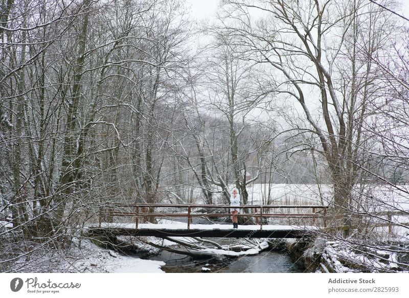 Woman in bathrobe on bridge Nature Winter Forest Stand Bridge Bathrobe Healthy Beautiful Vacation & Travel Romania Snow Ice Natural Human being Wet Cold