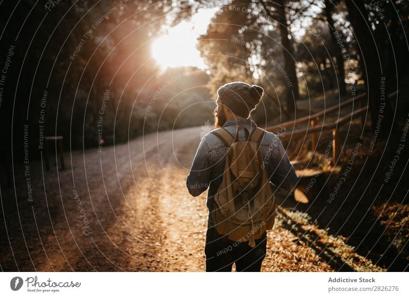 Man with backpack walking in the countryside Tourist Street Forest Backpack Autumn Tourism Vacation & Travel Adventure Youth (Young adults) Trip backpacker
