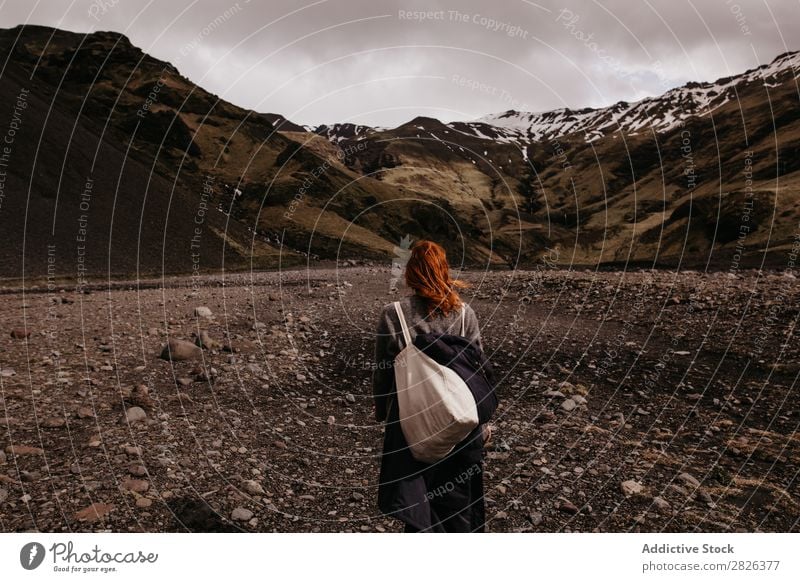 Woman posing on background of mountains Mountain Iceland Nature Vacation & Travel Landscape Tourism Lanes & trails Volcanic Adventure scenery North Backpack