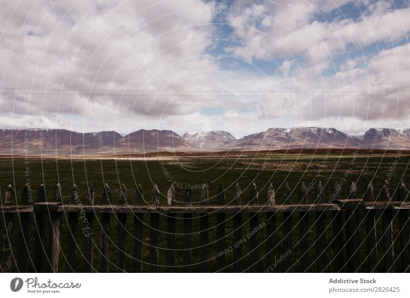 Wooden fence with view of mountains Mountain Fence Iceland Territory Tourism Vacation & Travel Landscape Landmark Exterior shot Destination Nature Deserted
