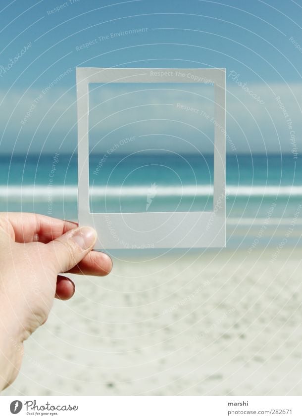 holiday greetings Landscape Elements Sand Water Sky Spring Summer Weather Beautiful weather Waves Beach Bay Ocean Blue Polaroid Frame Memory Photography Hand