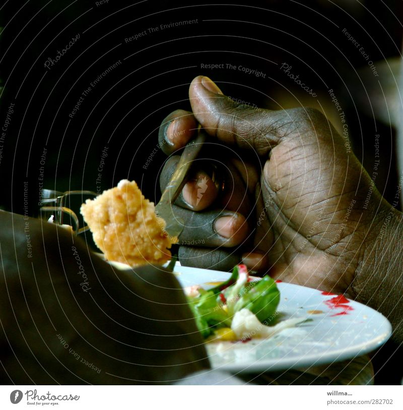 hand with fork eating, dark skinned Vegetable Cauliflower Salad Nutrition Eating Lunch Vegetarian diet Plate Fork Healthy Eating Hand Delicious Swarthy Africans