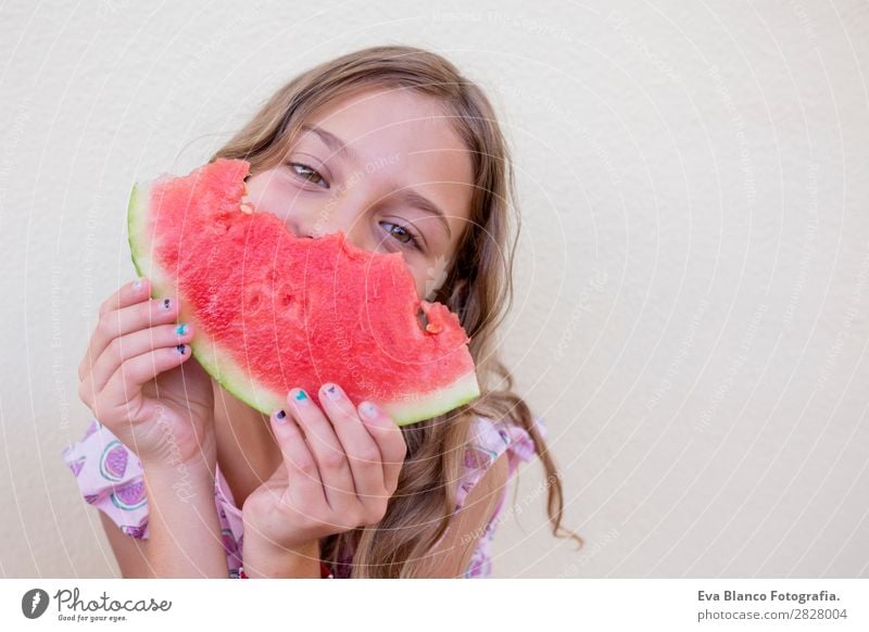 Beautiful kid girl eating watermelon Fruit Ice cream Eating Joy Happy Vacation & Travel Summer House (Residential Structure) Garden Child Human being Toddler