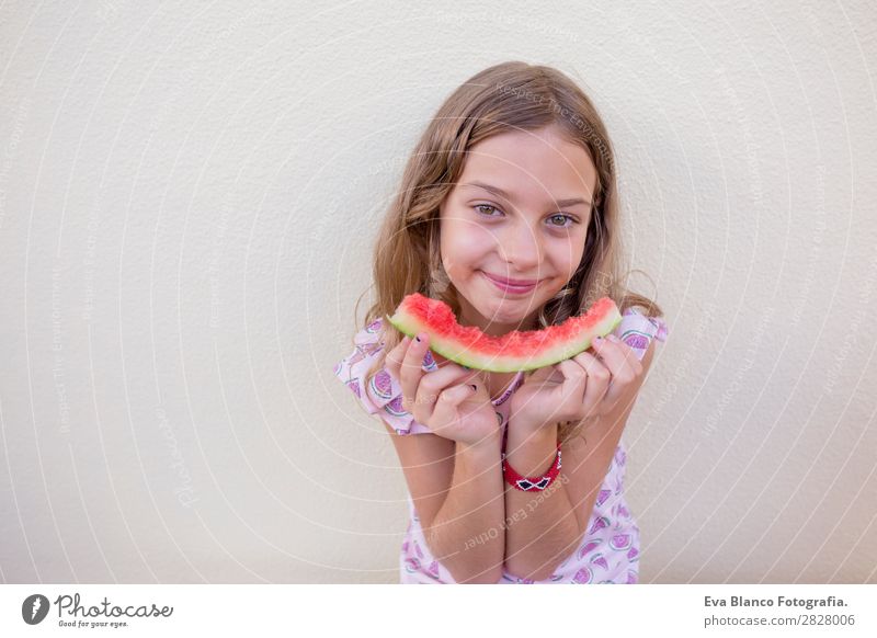 Beautiful kid girl eating watermelon Fruit Ice cream Eating Joy Happy Vacation & Travel Summer House (Residential Structure) Garden Child Feminine Toddler Girl