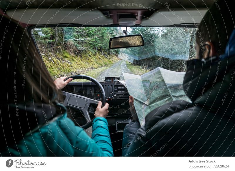 Couple walking on rural road riding Landscape Car Map searching Direction Navigation Ride Trip Vacation & Travel Man Woman Transport Vehicle Street