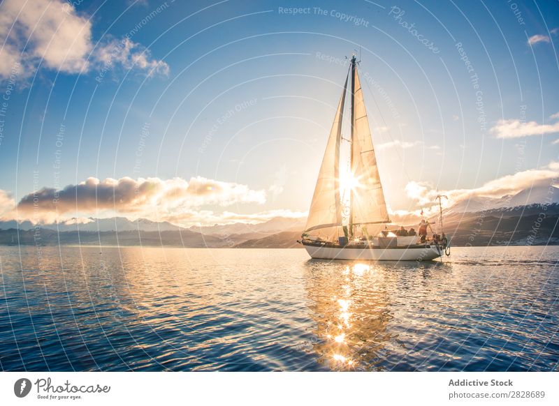 Sailboat in sea on background of mountains Landscape Floating Mountain Vessel Yachting Flow Transport Ocean Blue Adventure Vacation & Travel Nautical Water