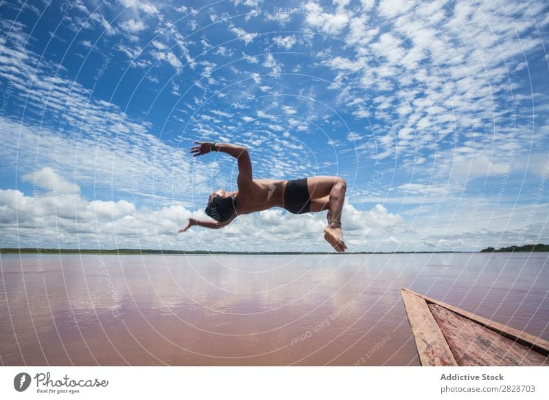 Person jumping from boat Man Watercraft Trick flip Jump Adventure Board in motion Flying Action Landscape Relaxation Vacation & Travel Summer Transport Sports