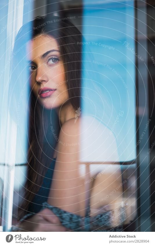 Beautiful sensual model through glass Woman To enjoy Beauty Photography Delicate human face Natural Posture Relaxation Feminine Alluring Youth (Young adults)