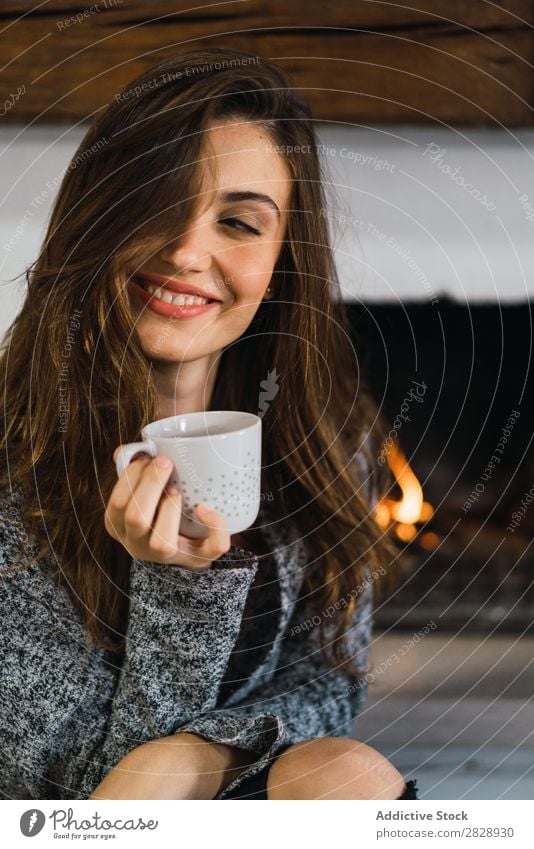 Beautiful model with cup of coffee Woman Home Cuddling Coffee Dream human face Posture Cup Pensive Considerate Lifestyle House (Residential Structure) Easygoing