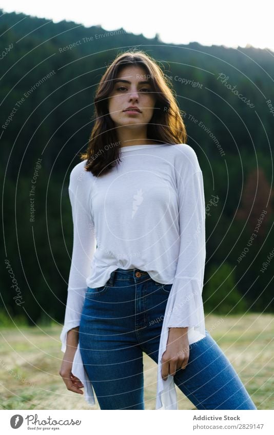Pretty girl in nature Woman Nature pretty To enjoy Easygoing Stand Looking into the camera Portrait photograph Youth (Young adults) Beautiful Model Girl Cute