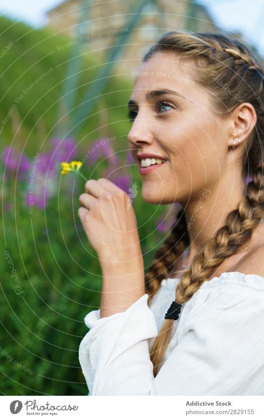 Pretty woman with flower Woman Flower sniffing Nature Spring Happy Youth (Young adults) Summer Beauty Photography Girl Attractive Relaxation Beautiful Happiness