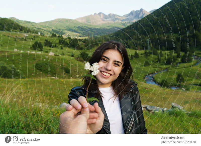 Person giving flower to man Woman Flower Meadow Field Hand Photographer Summer Nature Girl Youth (Young adults) Beautiful Happy Beauty Photography Green Joy