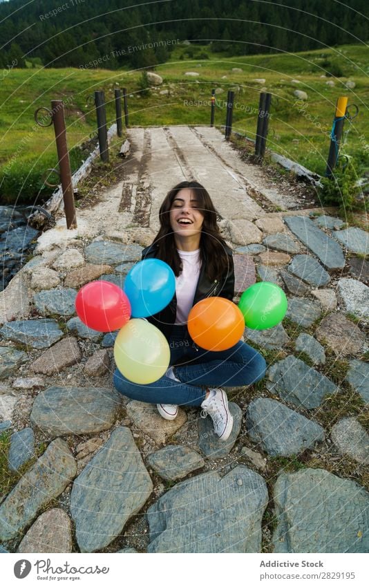 Woman posing with balloons Nature pretty Posture Freedom Joy Beautiful Human being Beauty Photography Happiness Happy Youth (Young adults) Action Cheerful