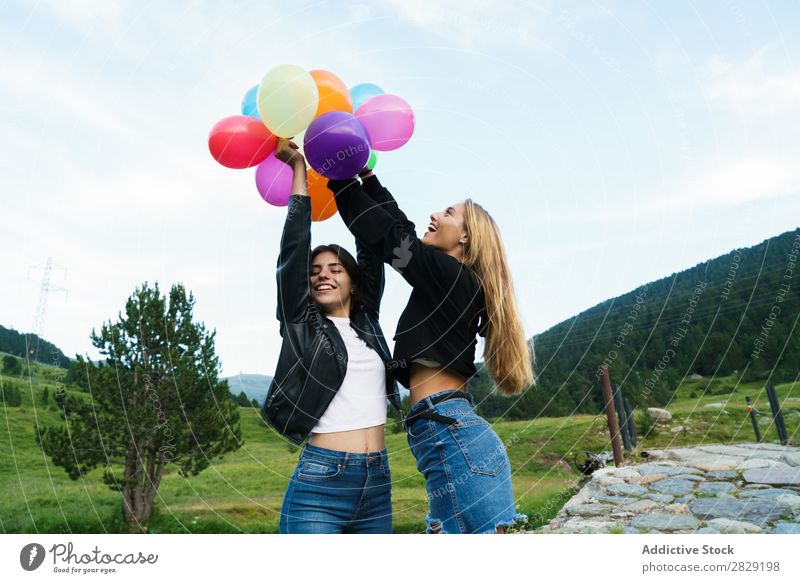 Festive women with balloons Woman Nature Friendship Together Human being Hands up! pretty Posture Freedom Joy Beautiful Beauty Photography Happiness Happy