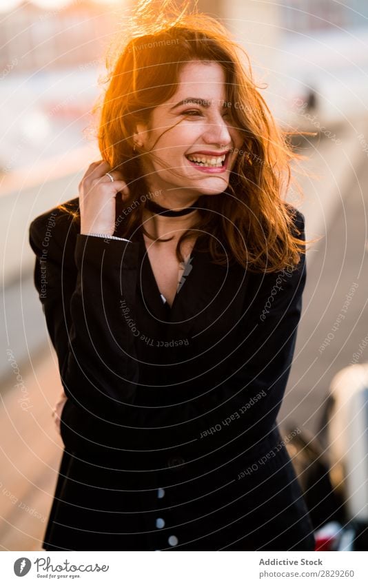Cheerful woman in sunset Woman Smiling Sunset Happy Joy Hair Flying Easygoing Clothing Style Youth (Young adults) Beautiful Girl Attractive glamour Cool (slang)