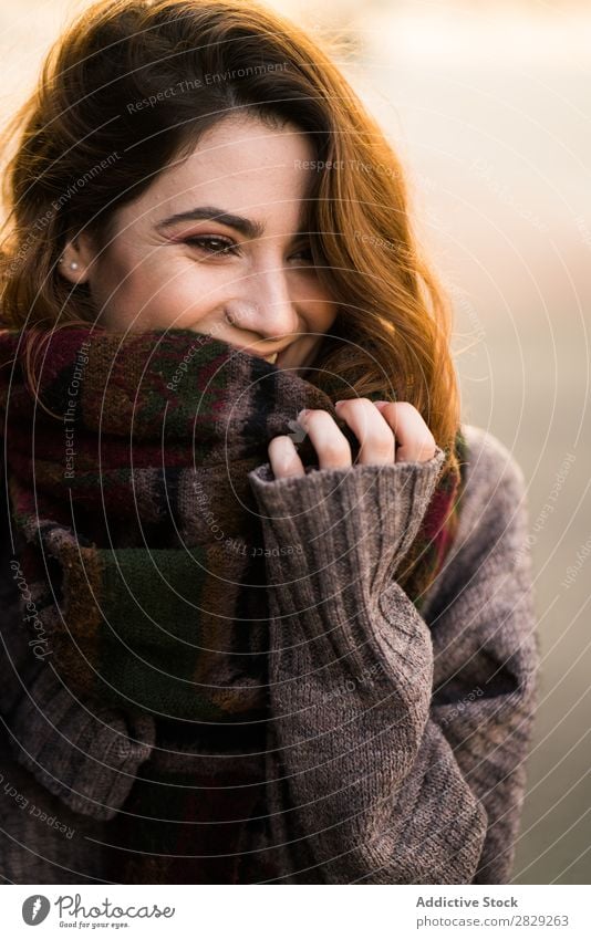 Cheerful woman wearing warm sweater Woman Sweater Smiling Happy Youth (Young adults) Hair Beautiful Girl Attractive Self-confident pretty Human being Brunette