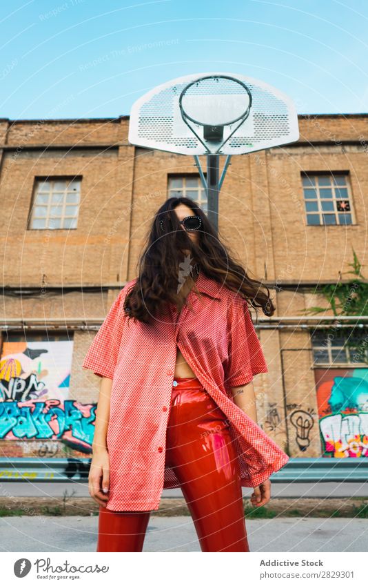 Woman standing at playground Style Street Town Posture Portrait photograph Attractive Beauty Photography Hip & trendy Lifestyle pretty Fashion