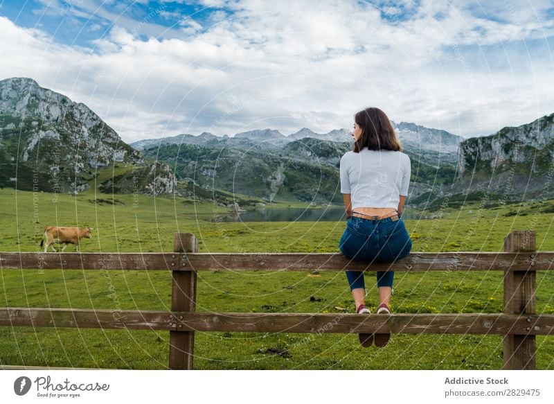 Woman sitting at mountain pasture Meadow Sit Handrail Relaxation Mountain Cow Pasture Nature Field Girl Grass Beautiful Youth (Young adults) Green Spring