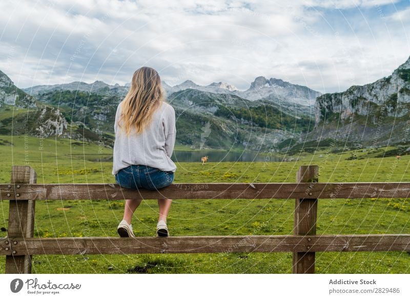 Woman sitting at mountain pasture Meadow Sit Handrail Relaxation Mountain Cow Pasture Nature Field Girl Grass Beautiful Youth (Young adults) Green Spring
