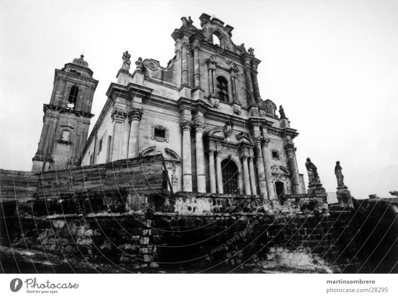 ghost church Tumbledown Sicily Wide angle Rain Romance Italy Worm's-eye view Dark Derelict House of worship old cathedral Black & white photo Contrast