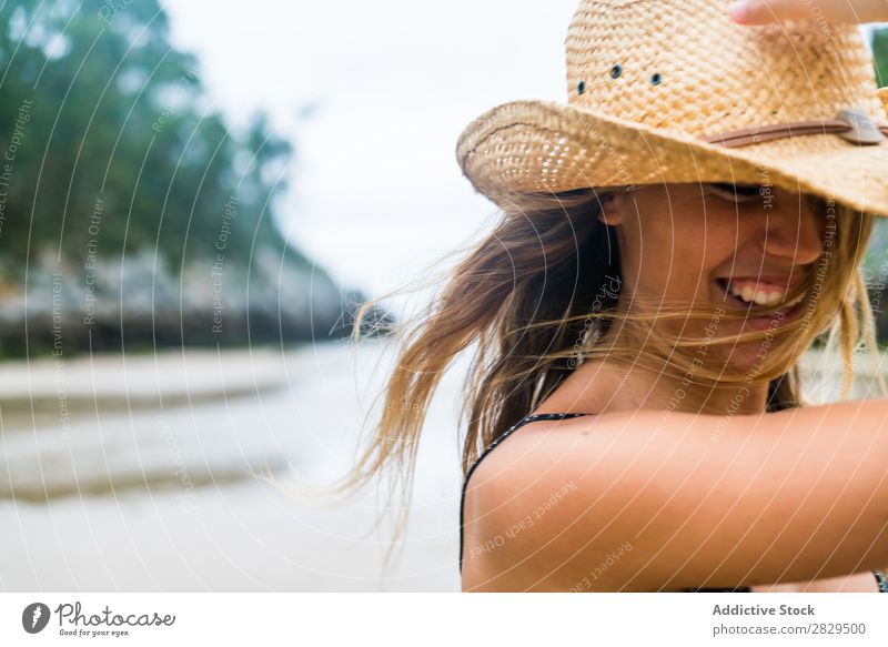 Girl in hat posing on beach Woman Beach Posture Style Vacation & Travel Beauty Photography Youth (Young adults) Summer Model Ocean Portrait photograph traveler