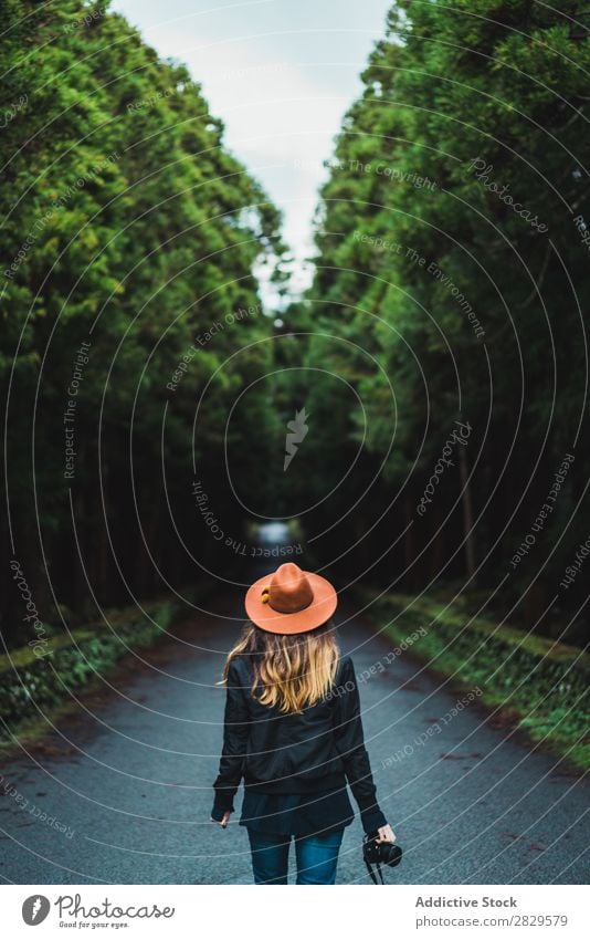Woman with camera in woods Photographer Forest Green Nature Camera Hat pretty Youth (Young adults) Street Asphalt Smiling Environment Looking into the camera
