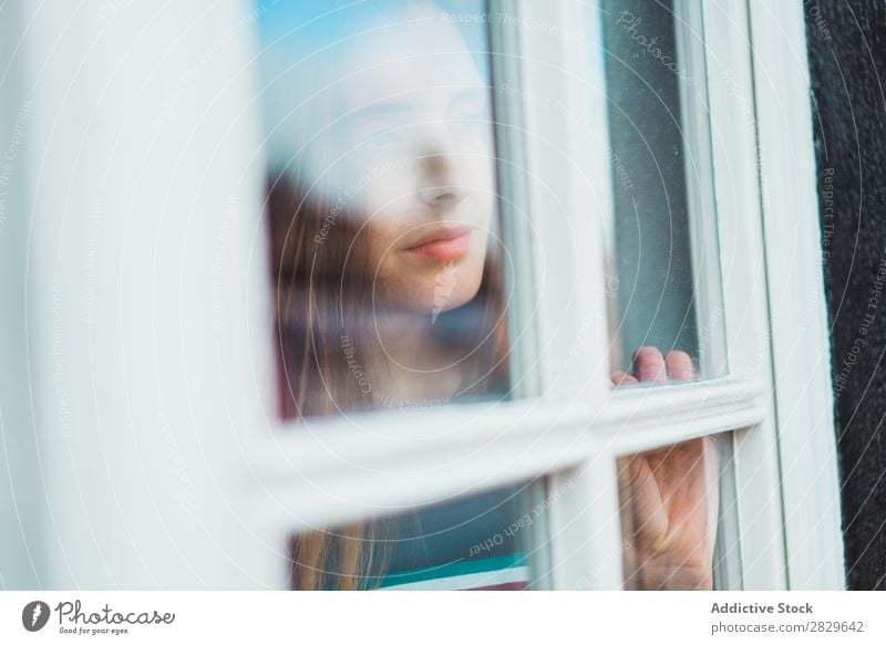 Dreaming girl looking away in window Woman Window Beauty Photography Portrait photograph Beautiful Pensive To enjoy Reflection Think Relaxation Attractive